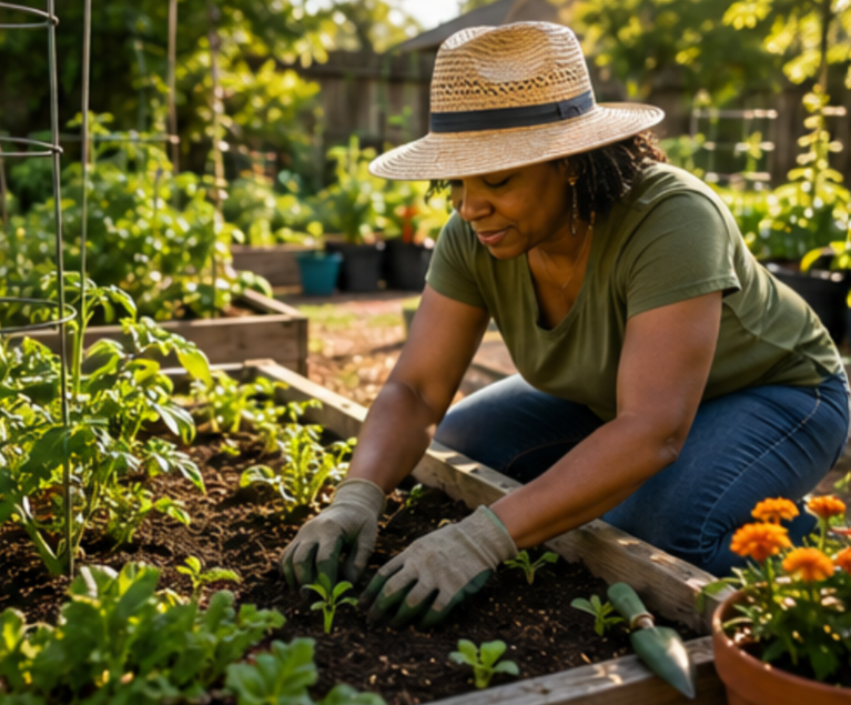 Gardener tending vegetables in a raised garden bed