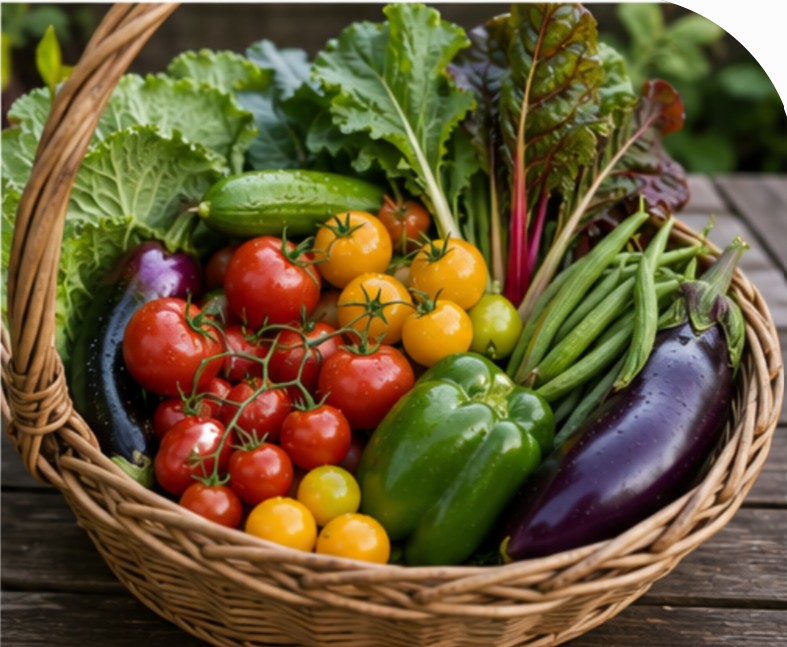 Basket filled with freshly harvested garden vegetables