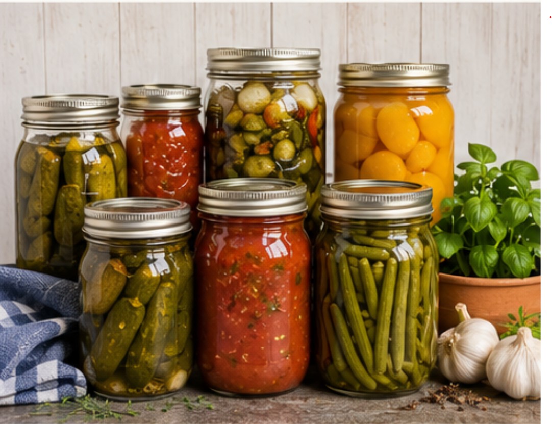 Jars of preserved vegetables from the garden