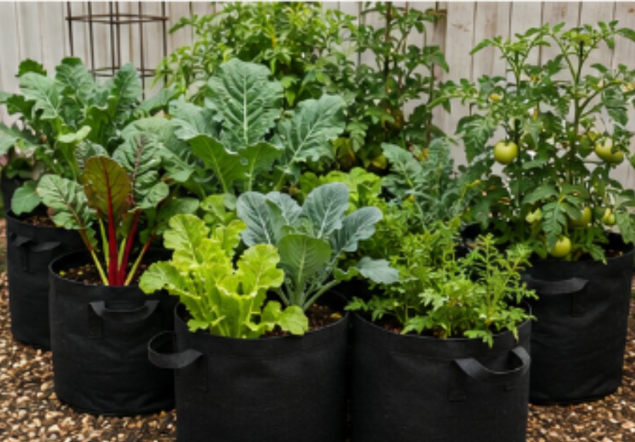 Vegetables growing in fabric grow bags
