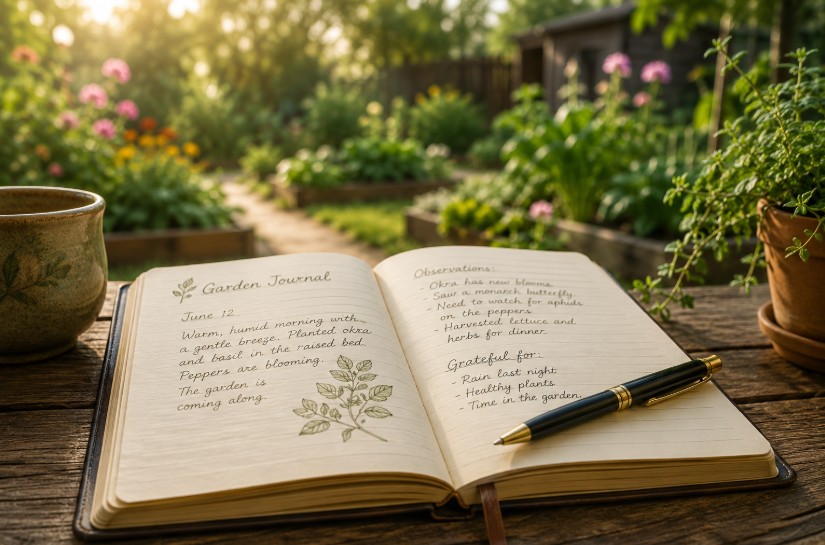 Open garden journal and pen on a wooden table with a softly blurred garden in the background