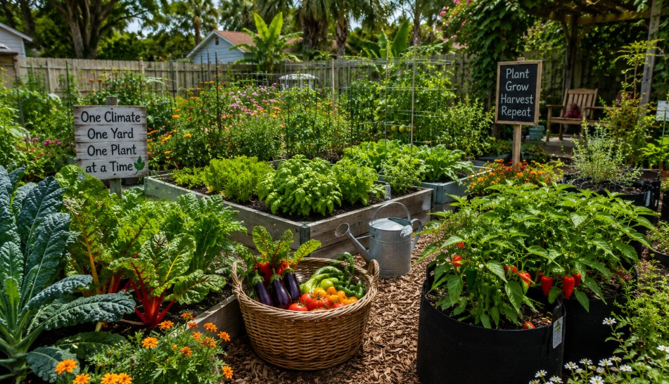Lush Florida vegetable garden with raised beds, grow bags, herbs, vegetables, and flowers